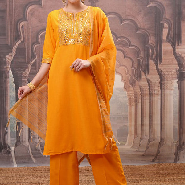 Vishudh Yellow Floral Embroidered Mirror Work Straight Kurta with Palazzo & Dupatta - Distacart