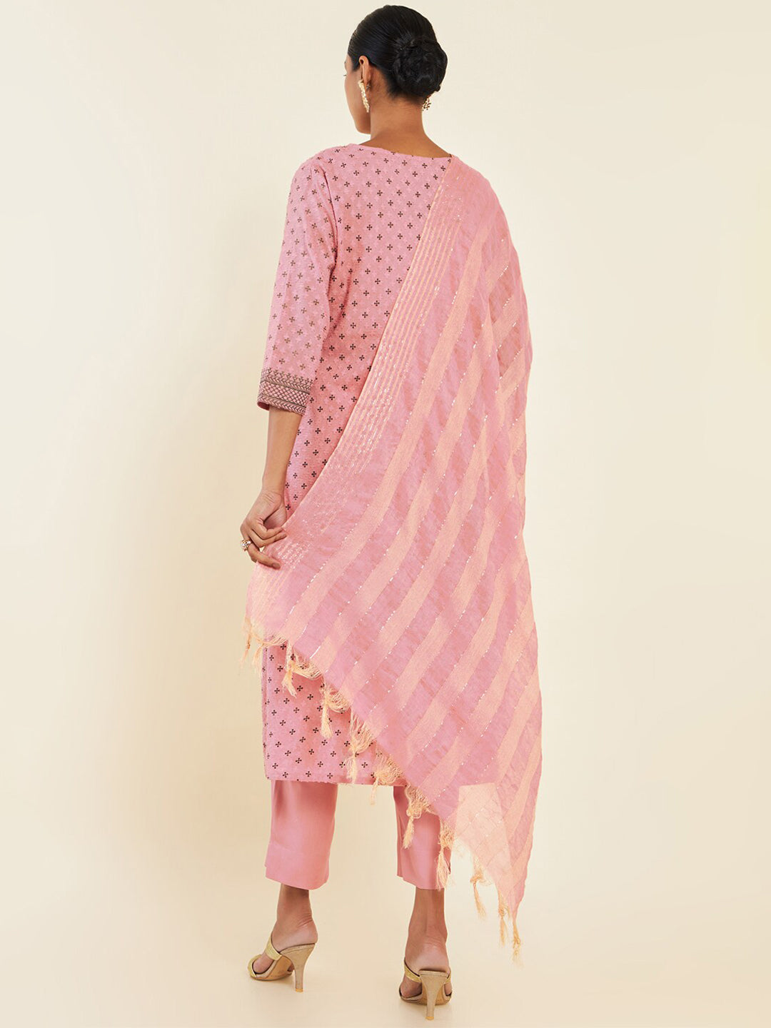 Soch Pink & Brown Floral Printed Pure Cotton Kurta With Trousers & Dupatta - Distacart