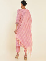 Thumbnail for Soch Pink & Brown Floral Printed Pure Cotton Kurta With Trousers & Dupatta - Distacart