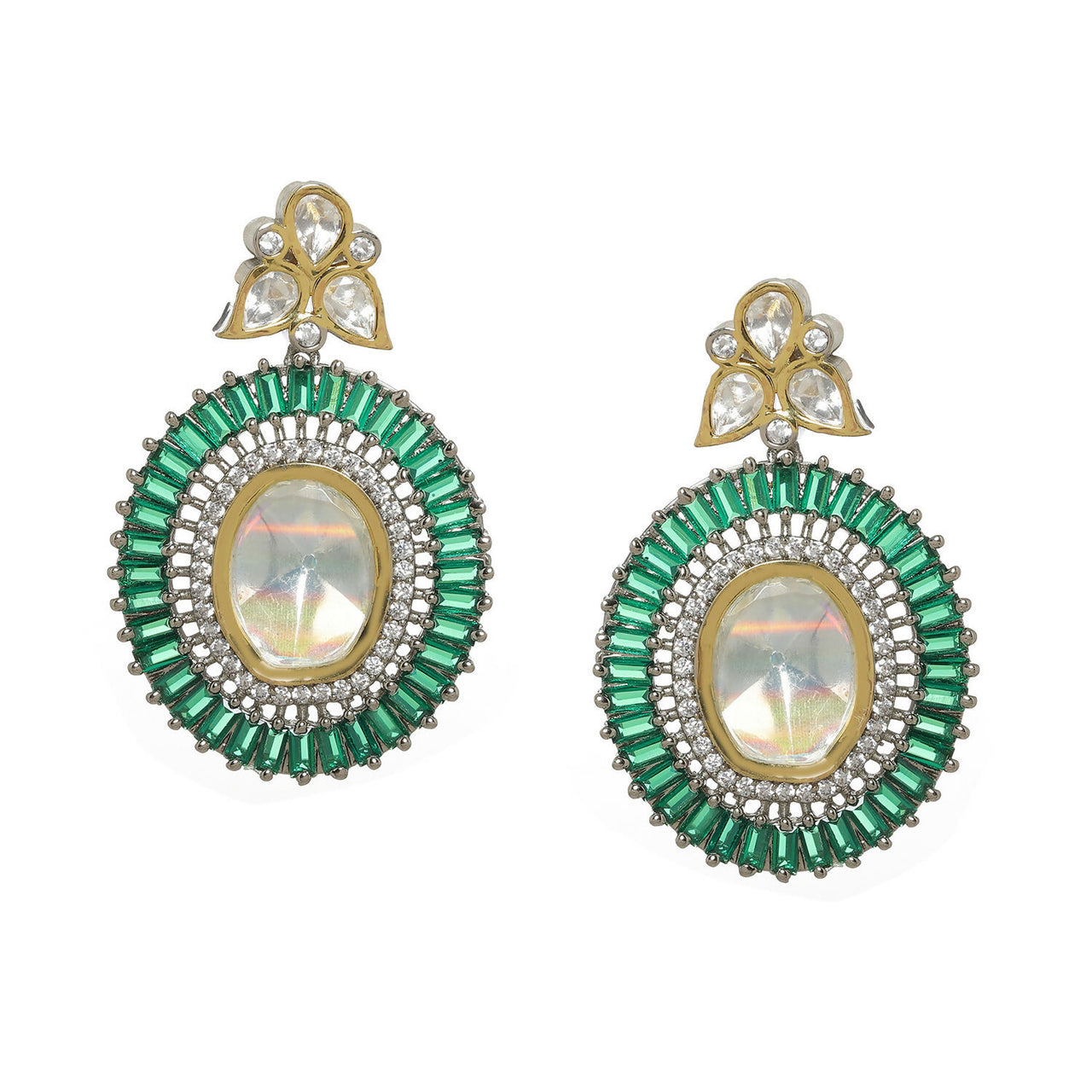 Kundan and Diamond with Green Stones Dangler Earrings (Green) - Ruby Raang - Distacart