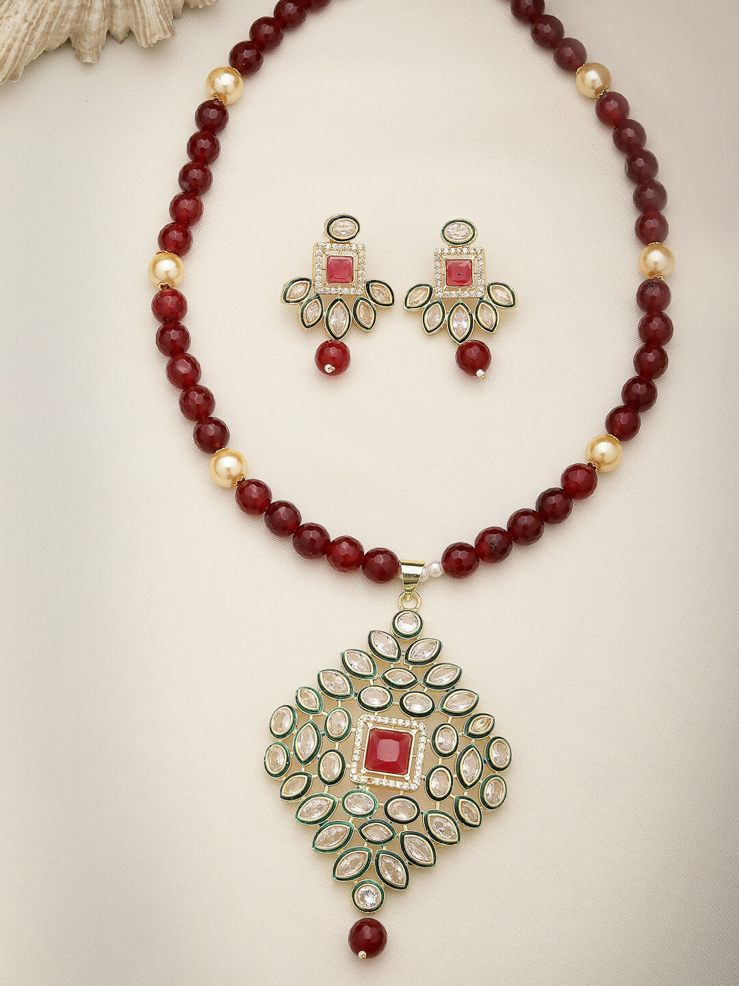 NVR Women's Red Kundan-Studded & Beaded Handcrafted Jewellery Set - Distacart