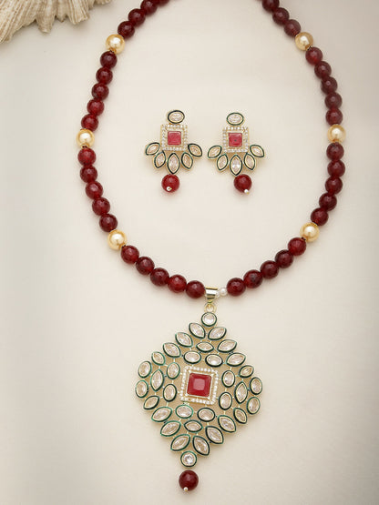 NVR Women's Red Kundan-Studded & Beaded Handcrafted Jewellery Set - Distacart
