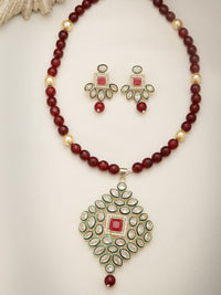 Thumbnail for NVR Women's Red Kundan-Studded & Beaded Handcrafted Jewellery Set - Distacart
