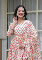 Thumbnail for Jaimini Women Cotton Printed Round Neck Calf Length Flared Kurta Pant And Dupatta Set - Dista