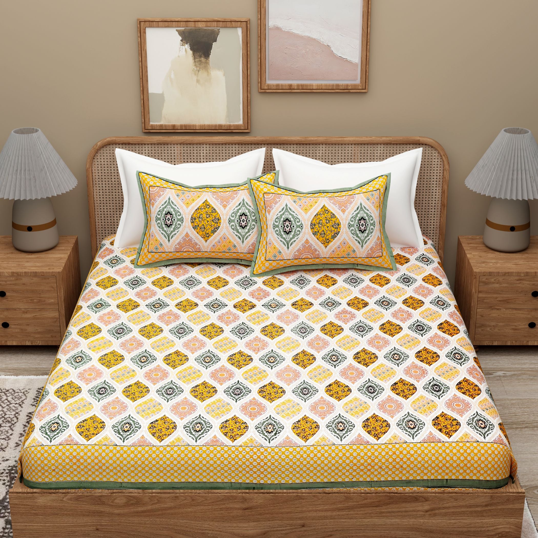 Yellow White Ethnic Motifs Cotton 300TC King Bedsheet With 2 Zipper Pillow Covers - Super King Size by House of Ree - Distacart