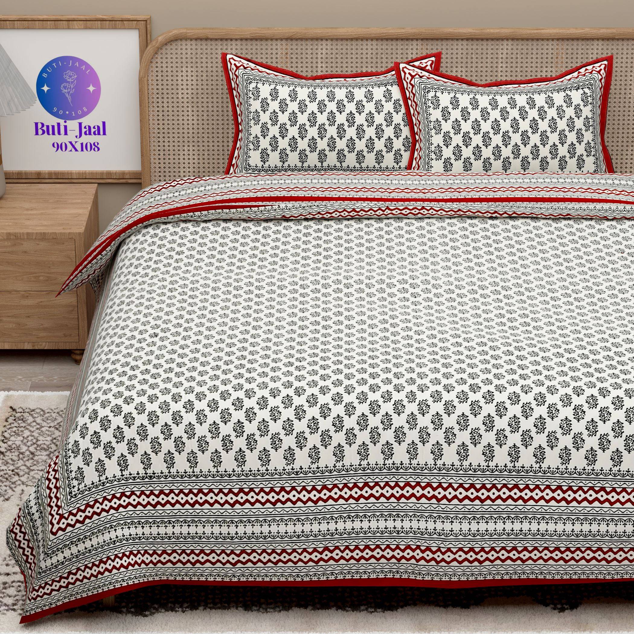 Red Green Handblock Printed Cotton 200TC King Bedsheet With 2 Zipper Pillow Covers - King Size by House of Ree - Distacart