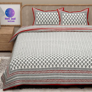 Red Green Handblock Printed Cotton 200TC King Bedsheet With 2 Zipper Pillow Covers - King Size by House of Ree - Distacart