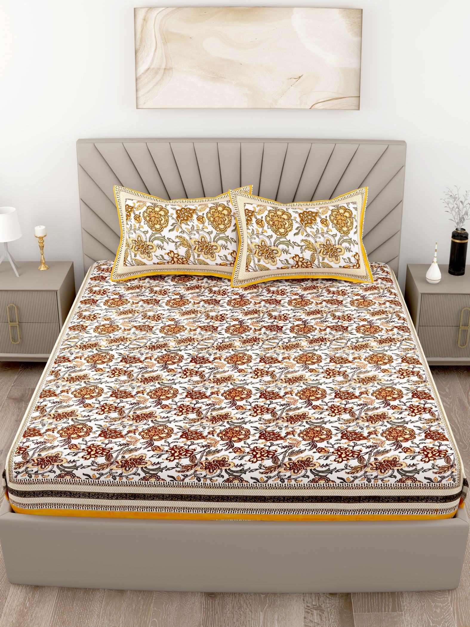 Yellow Floral Printed Cotton 200TC King Bedsheet With 2 Zipper Pillow Covers - King Size by House of Ree - Distacart