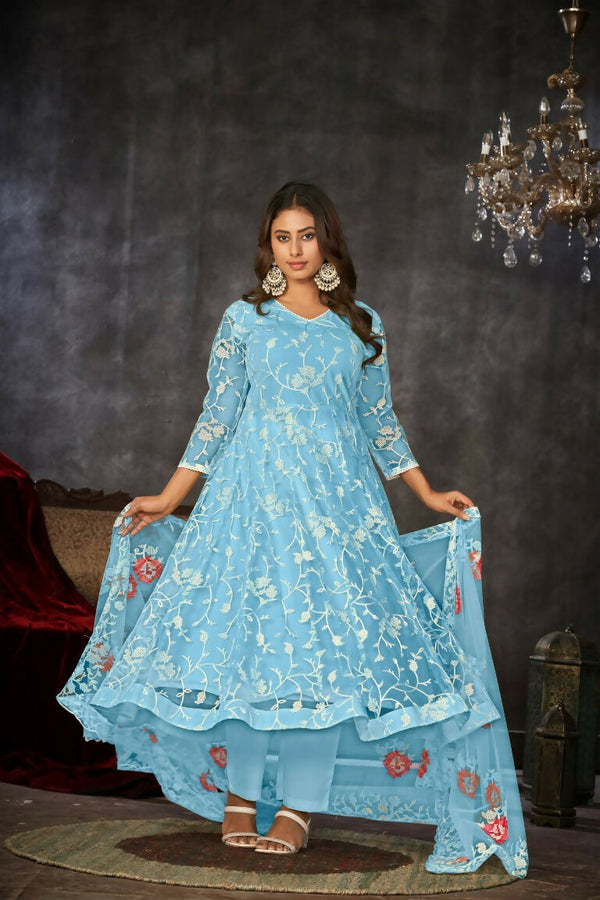 Jyoti Fashion Women's Sky Blue Net Embroidered Anarkali Kurta Pant Set With Dupatta - Distacart