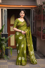 Thumbnail for Mehndi Cotton Crepe Batik Print Saree with Unstitched Blouse - Hiral Fashion - Distacart