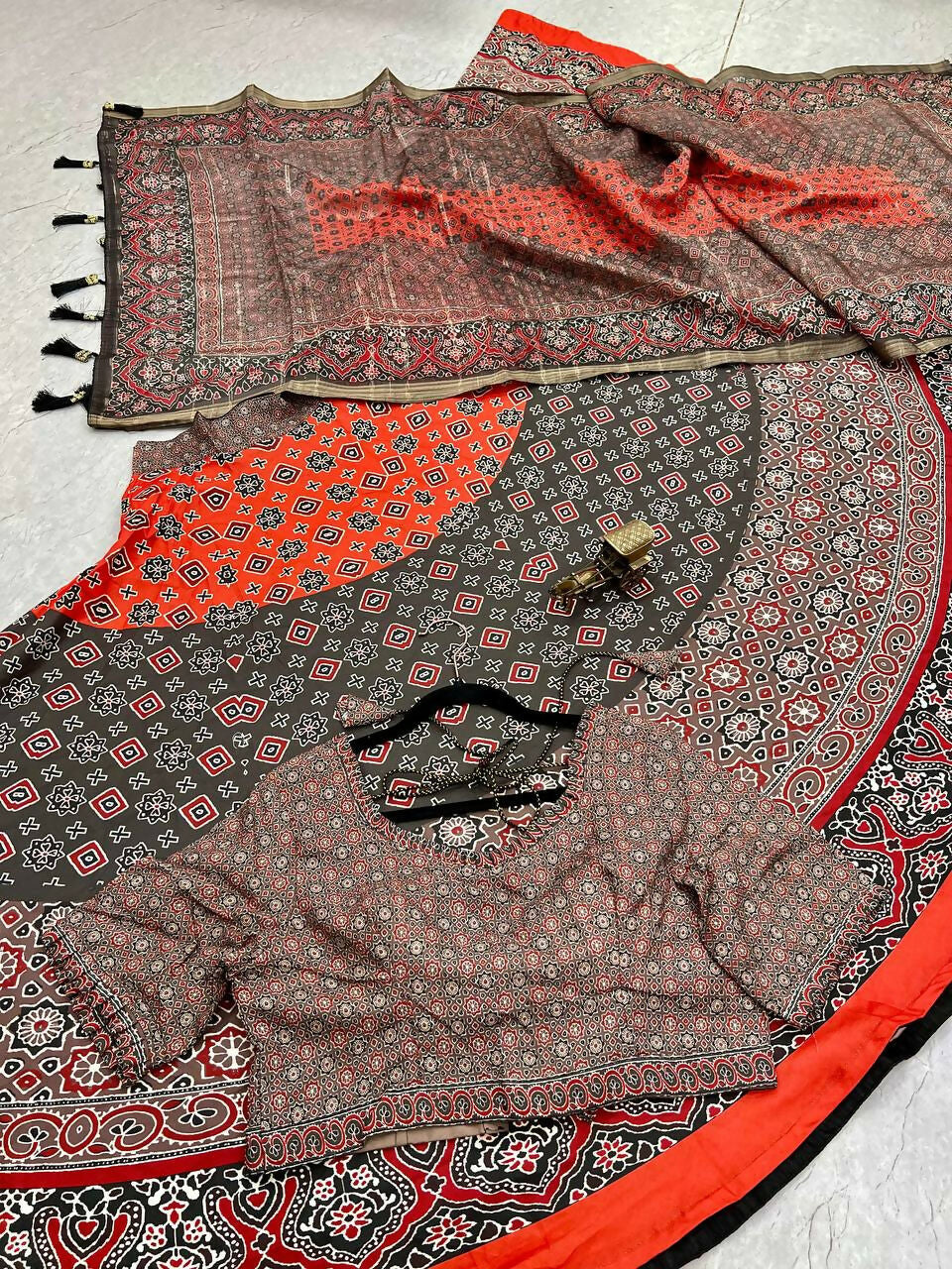 Preksha Creation Indian Navratri Special Cotton Women Lehenga Choli With print work and lucknowi print dupatta - Brown - Distacart