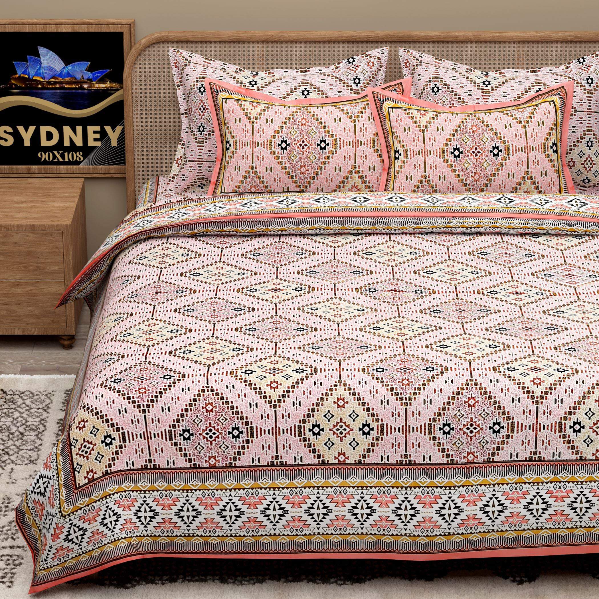 White Brown Ethnic Motifs Cotton 200TC King Bedsheet With 2 Zipper Pillow Covers - King Size by House of Ree - Distacart