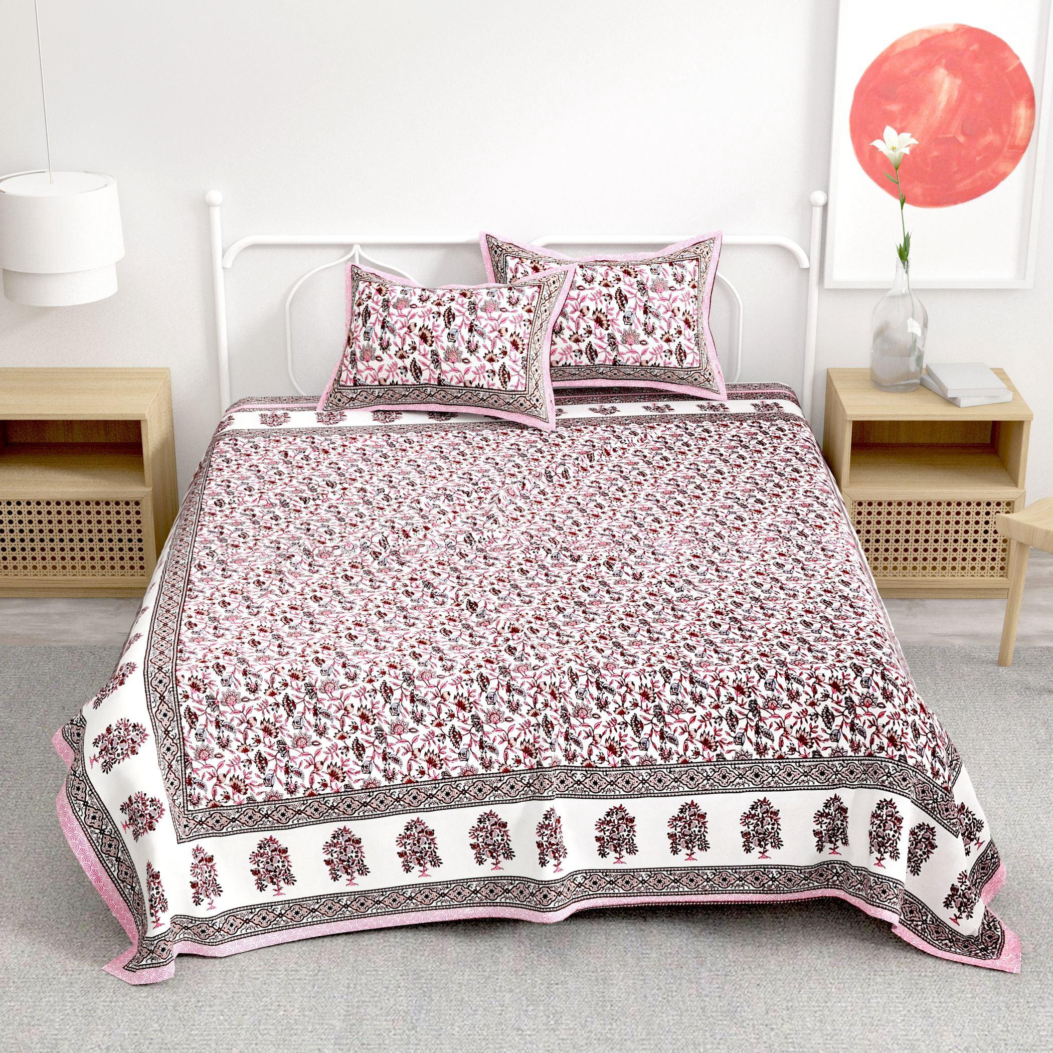 Pink Floral Printed Cotton 300TC Super King Bedsheet With 2 Zipper Pillow Covers - King Size by House of Ree - Distacart