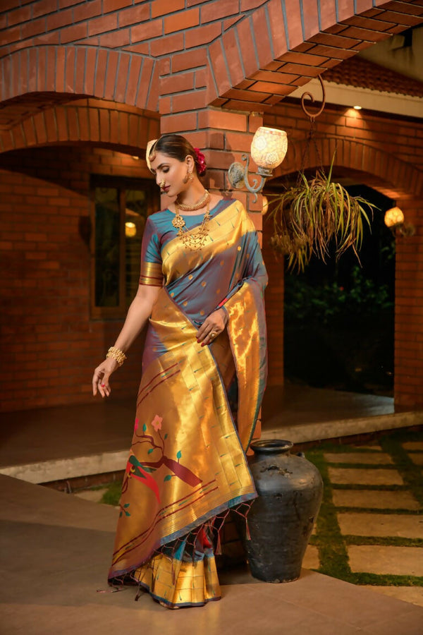 Jyoti Fashion Women's Teal Paithani Silk Zari Woven Saree with Blouse - Distacart