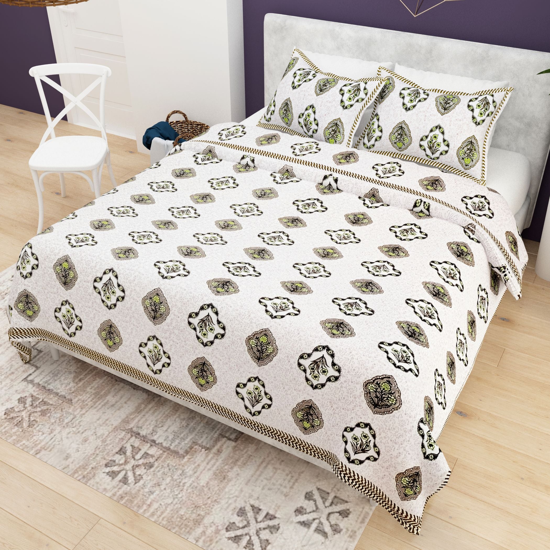 Purple White Ethnic Motifs Cotton 200TC King Bedsheet With 2 Zipper Pillow Covers - King Size by House of Ree - Distacart