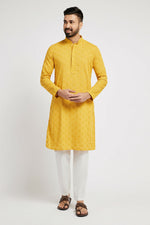 Thumbnail for Ethnic India Yellow Men's Kurta Ethnic Motifs Cotton - Distacart