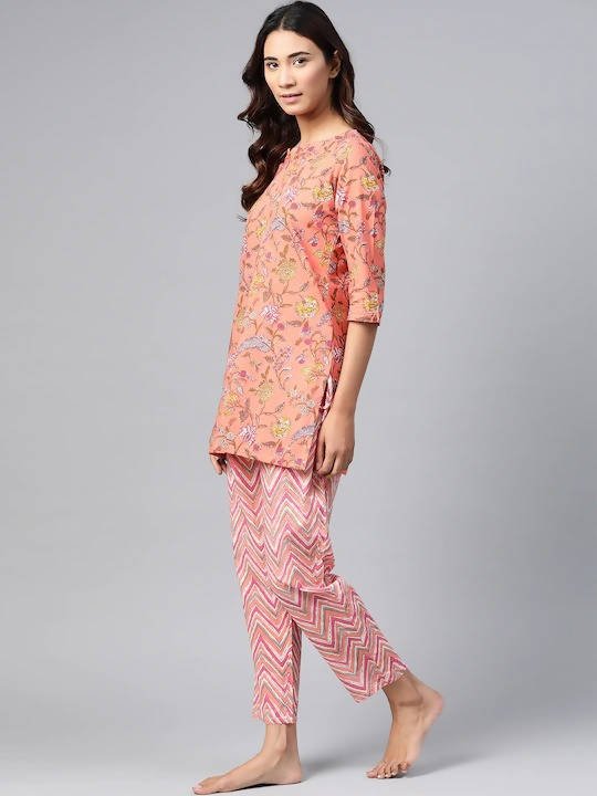 Anubhutee Coral Pink & Yellow Pure Cotton Printed Night suit - Distacart