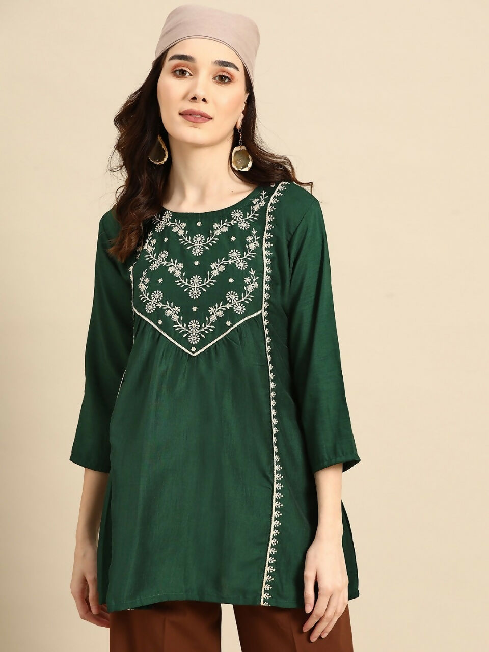 Women's Dark Green Viscose blend Embroidered Short Top - Marina - Distacart