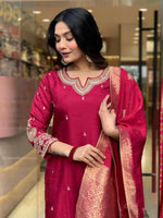 Thumbnail for The52 Maroon Beautiful Embroidered Viscose Chanderi Fabric Straight Kurta Pant with Dupatta Set - Distacart