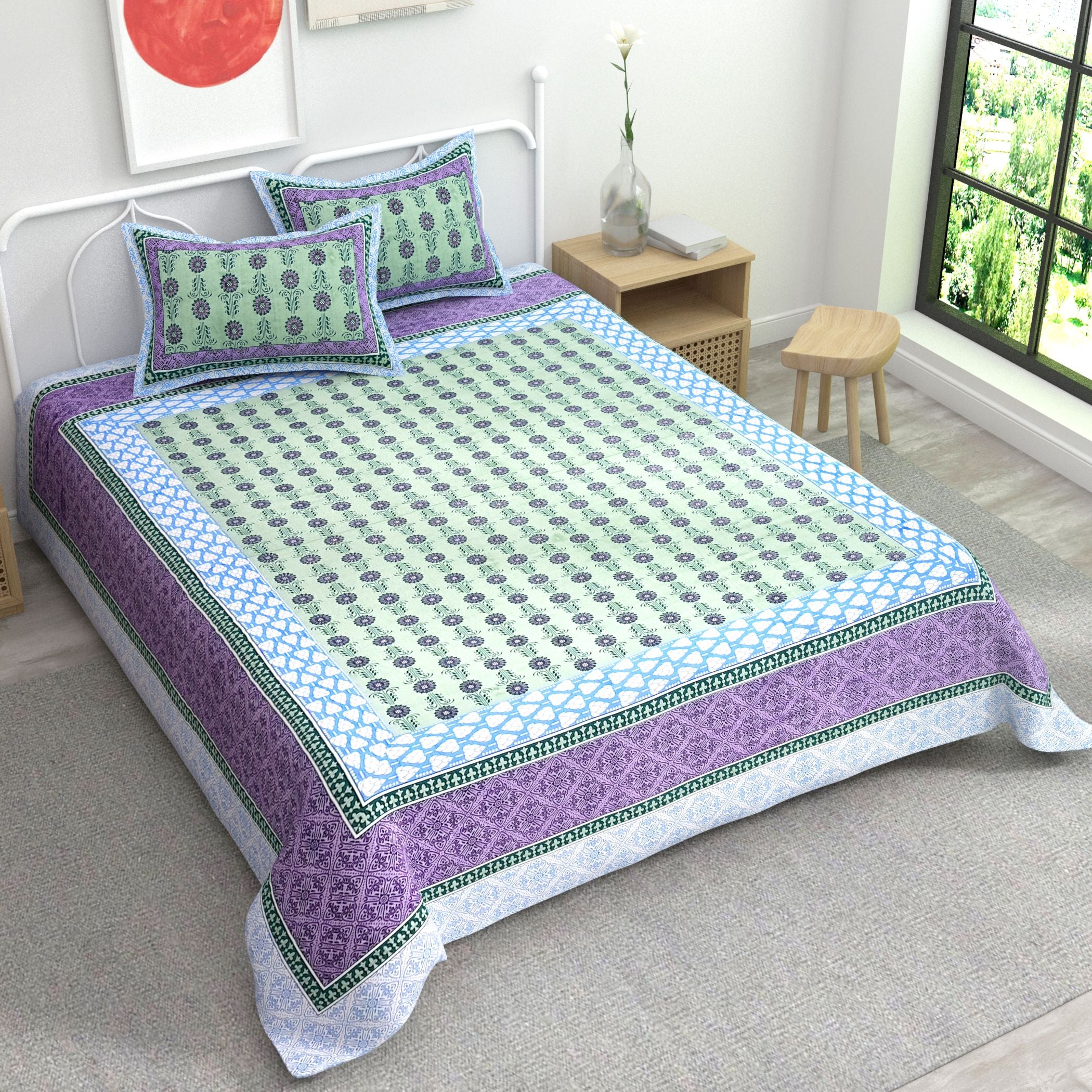 Blue Ethnic Motifs Cotton King Bedsheet With 2 Zipper Pillow Covers - King Size by House of Ree - Distacart