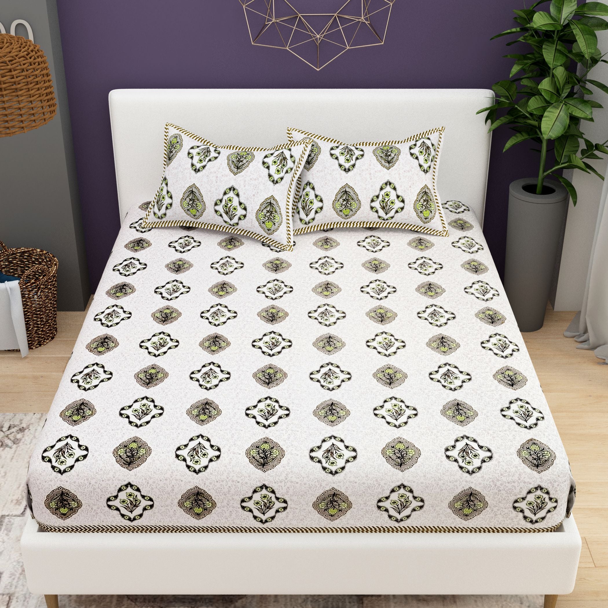 Purple White Ethnic Motifs Cotton 200TC King Bedsheet With 2 Zipper Pillow Covers - King Size by House of Ree - Distacart