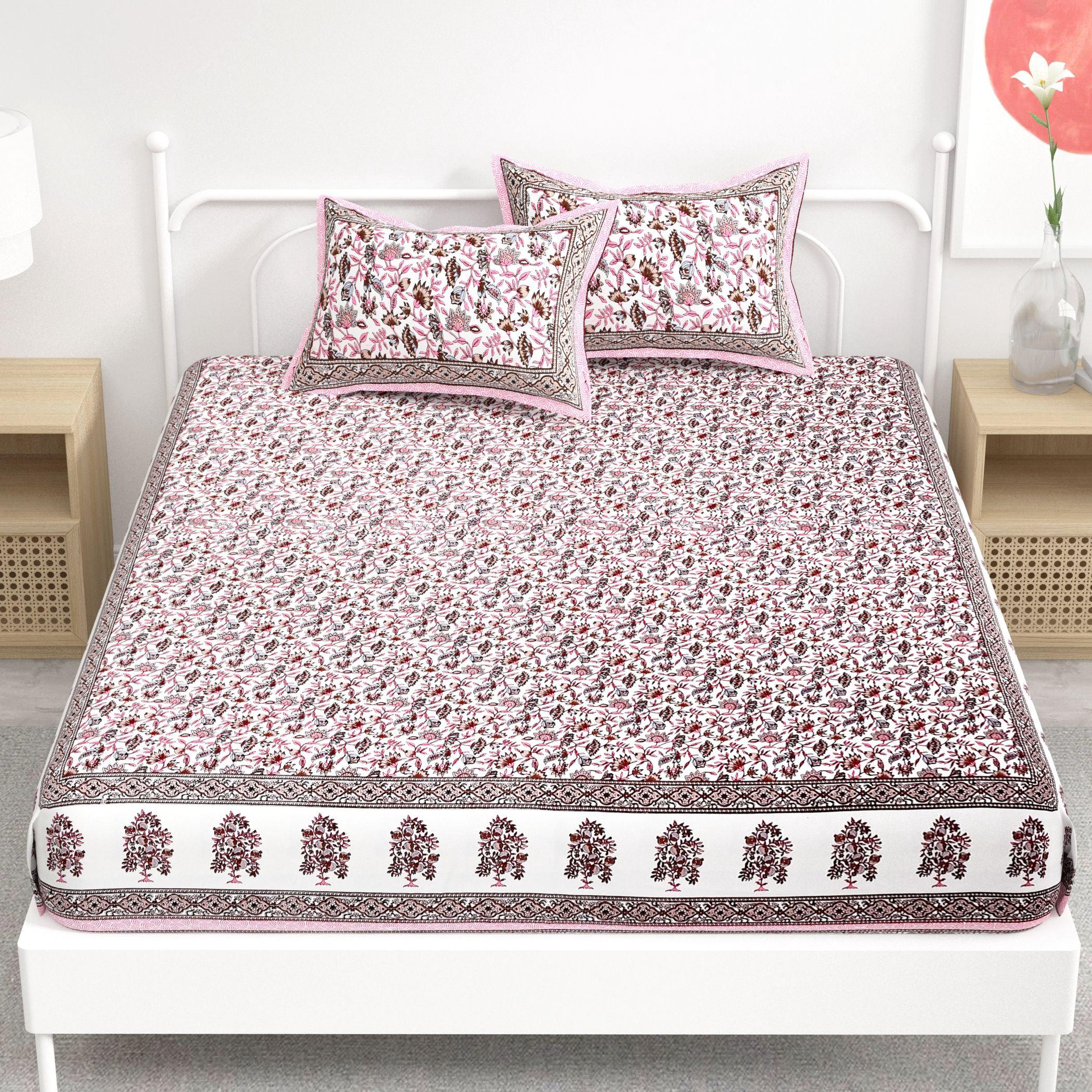 Pink Floral Printed Cotton 300TC Super King Bedsheet With 2 Zipper Pillow Covers - King Size by House of Ree - Distacart