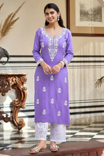 Thumbnail for The52 Lavender Women's Gorgeous Chikankari work Pure Rayon Fabric Straight Kurta, Pant Set - Distacart