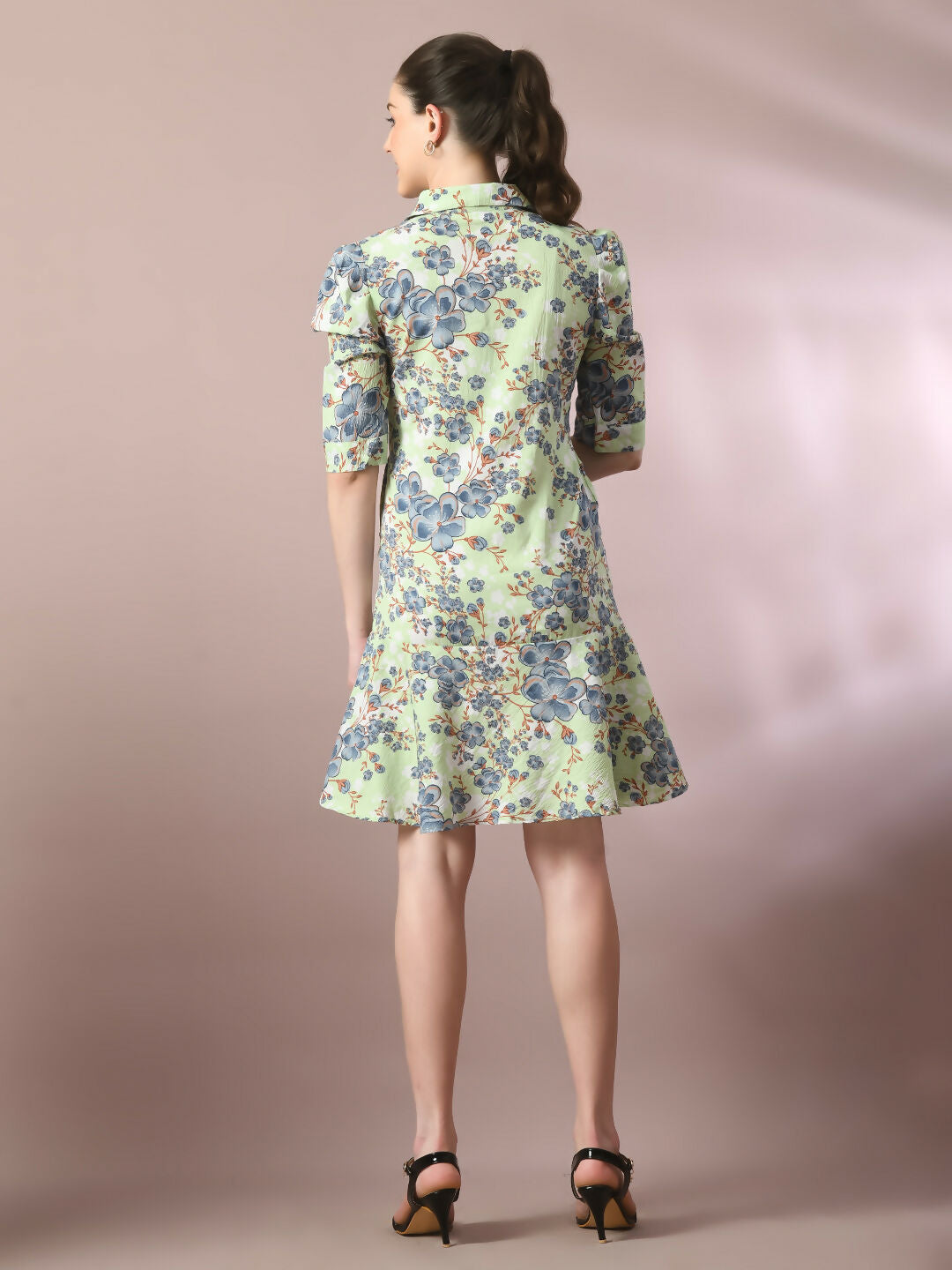 Myshka Women's Green Printed Shirt Collar Fit and Flare Party Dress - Distacart