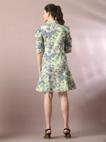 Thumbnail for Myshka Women's Green Printed Shirt Collar Fit and Flare Party Dress - Distacart