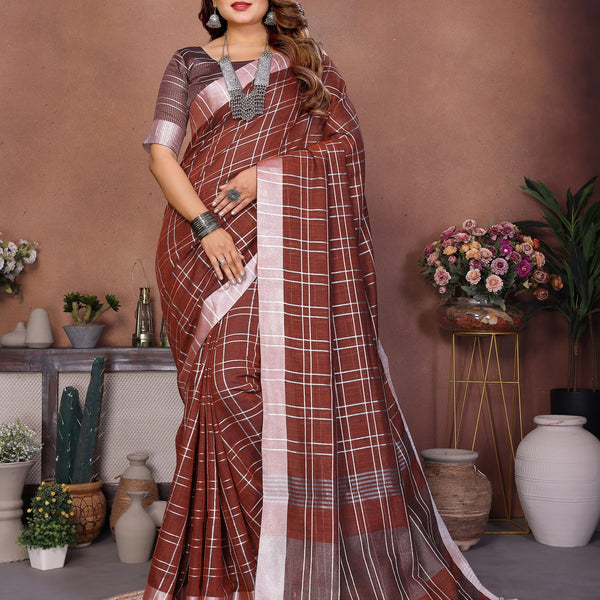 Anaita Brown Weaving Linen Cotton Saree With Blouse - Distacart