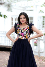 Thumbnail for Jyoti Fashion Women's Navy Blue Sequins Thread Embroidery Faux Blooming Anarkali Dress - Distacart