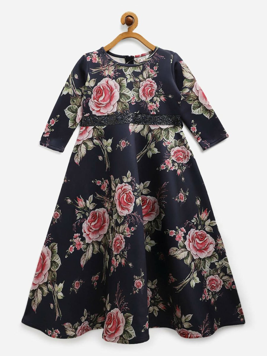 Ahalyaa Navy Blue Digital Print Floral Kids Dress For Girls - Distacart