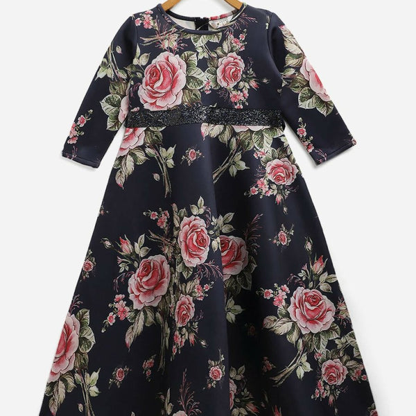 Ahalyaa Navy Blue Digital Print Floral Kids Dress For Girls - Distacart