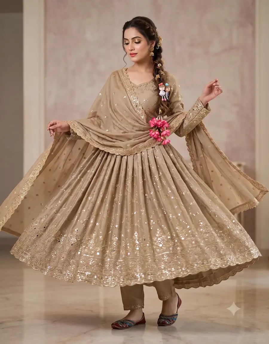 Teeya Creation Cream Zari Embroidered Georgette Anarkali Suit with Dupatta