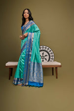Thumbnail for Vishnu Weaves Women's Sea-Green Raw Silk Zari Woven Saree with Blouse - Distacart