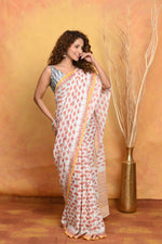 Thumbnail for Very Much Indian Handblock Printed Cotton Saree With Natural Dyes - White Peach - Distacart