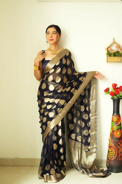 Malishka Cotton Silk Jacquard Ready To Wear Saree With Blouse Piece - Black - Distacart