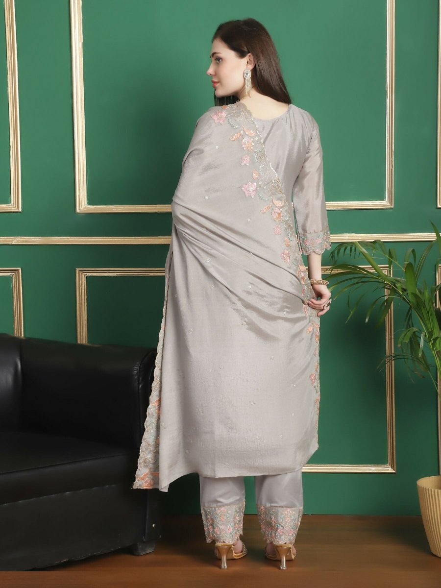 Aastha Fashion Women's Grey Chinon Chiffon Floral Embroidery with Cording & Crystal Work Designer Straight Suit Set - Distacart