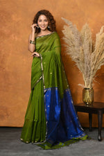 Thumbnail for Very Much Indian Handloom Pure Cotton Silk Saree With Sleek Golden Border - Green - Distacart