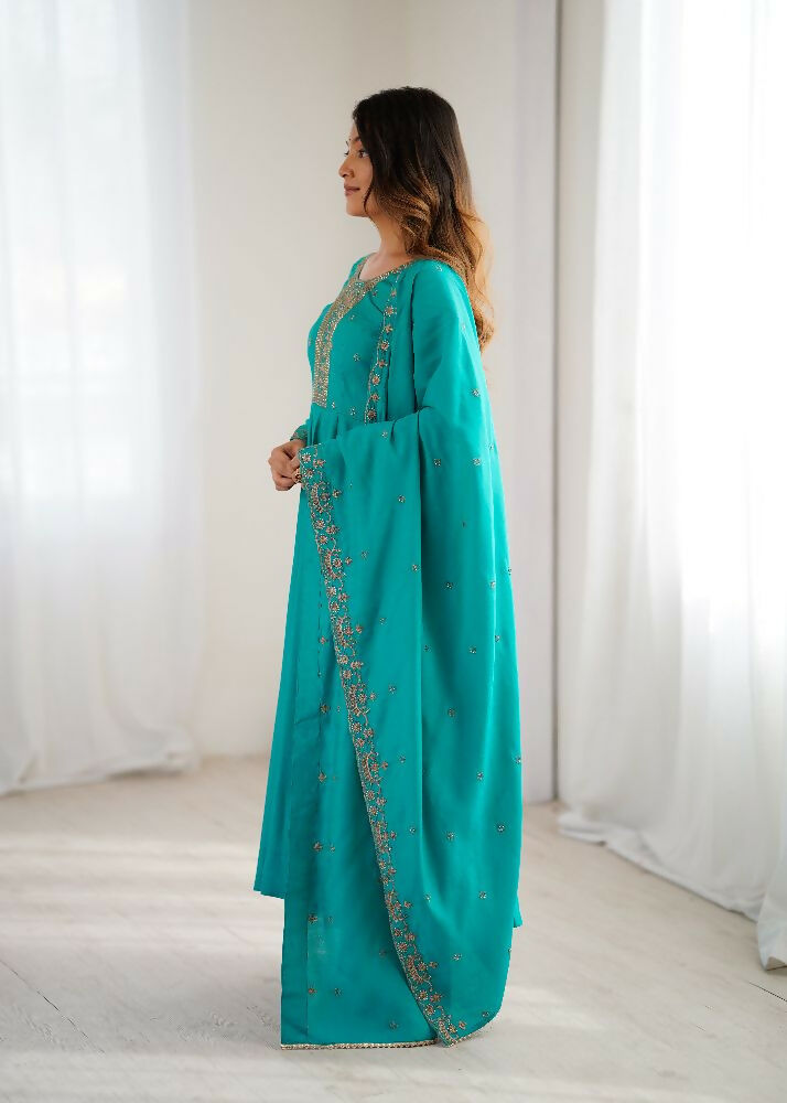 The52 Women's Beautiful Embroidery Work Shimmer Chanderi Silk Fabric Flared Anarkali Pant and Dupatta Set - Distacart