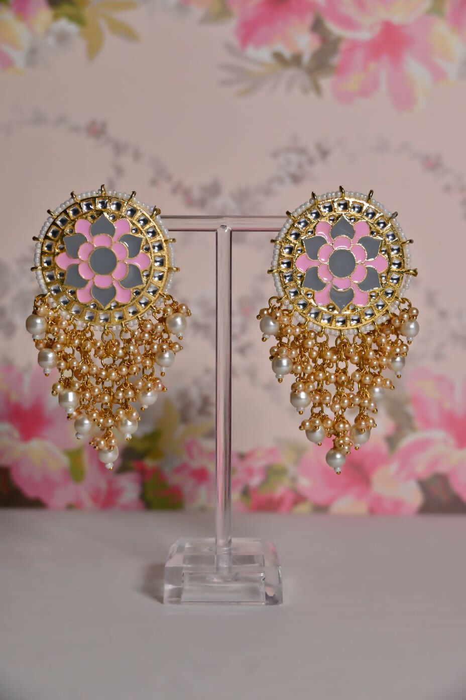 Pink & Grey Mandala Flower Hand Painted Bridal Earrings By House of Ree - Distacart