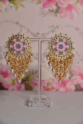 Pink & Grey Mandala Flower Hand Painted Bridal Earrings By House of Ree - Distacart