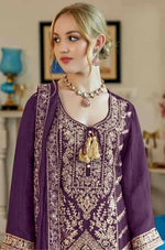 Thumbnail for Anaita Purple Vichitra Simar With Embroidery Coding Sequence Stitched Salwar Suit - Distacart