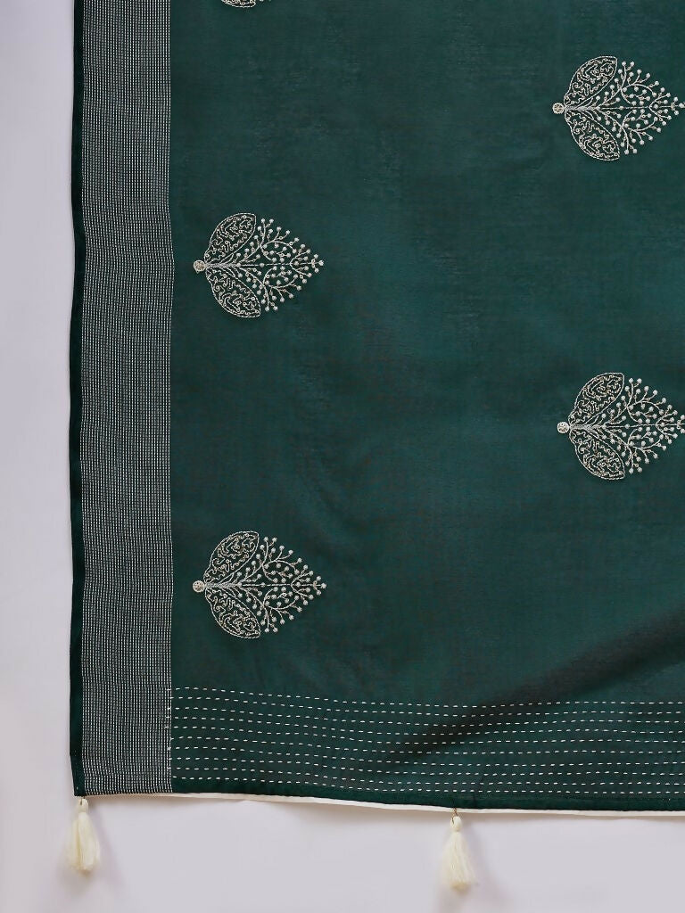 Green Cotton Blend Thread Embroidered Saree with Unstitched Blouse - Satya - Distacart