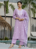 Thumbnail for The52 Lavender Women's Beautiful Thread work Rayon Fabric with Straight Kurta, Pant and Dupatta Set - Distacart