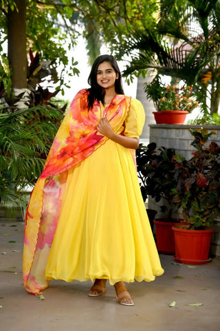 Aastha Fashion Women's Yellow Tebby Silk Anarkali Dress with Dupatta - Distacart