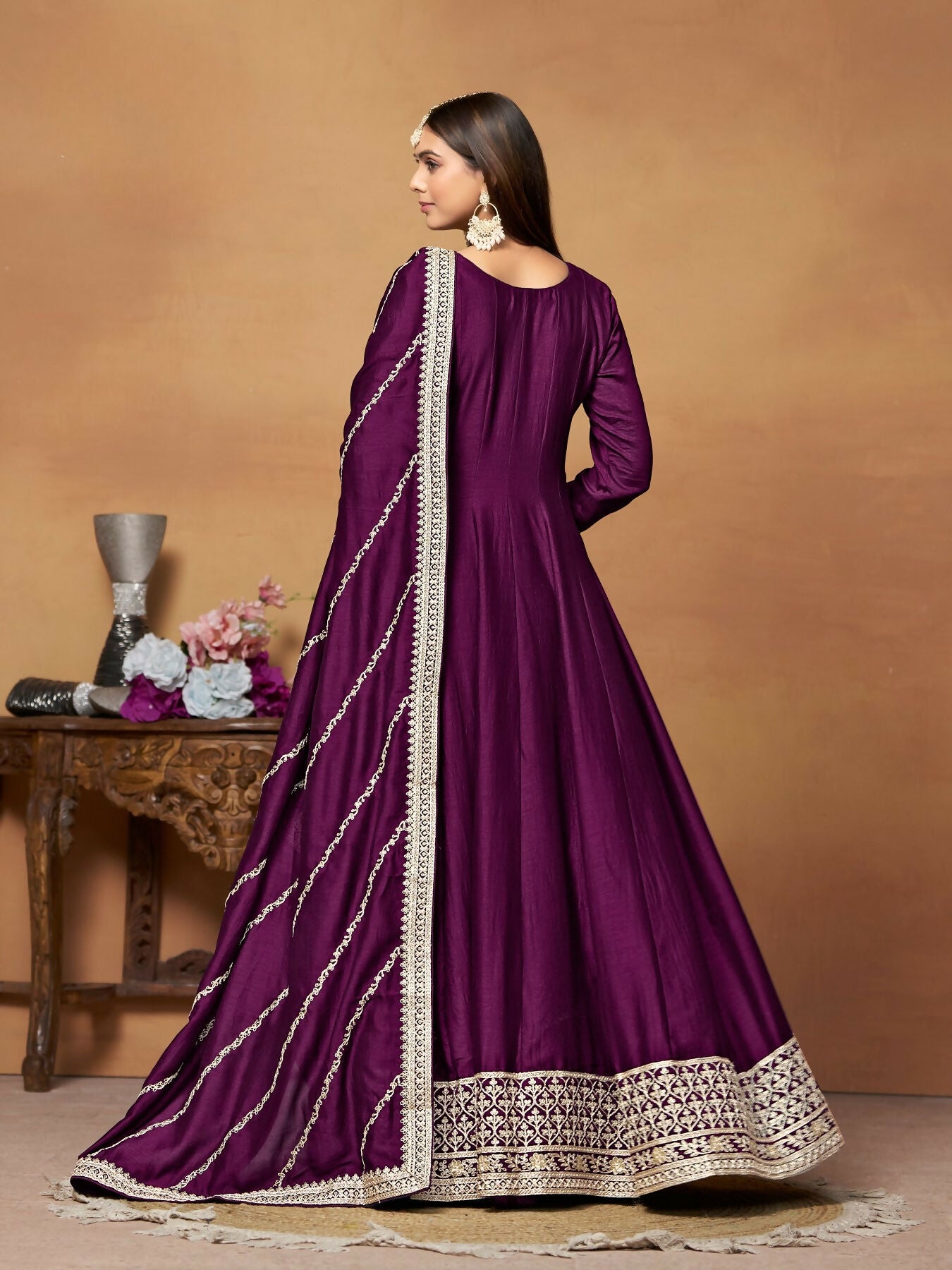 Anaita Wine Embroidered Art Silk Anarkali Suit - Distacart