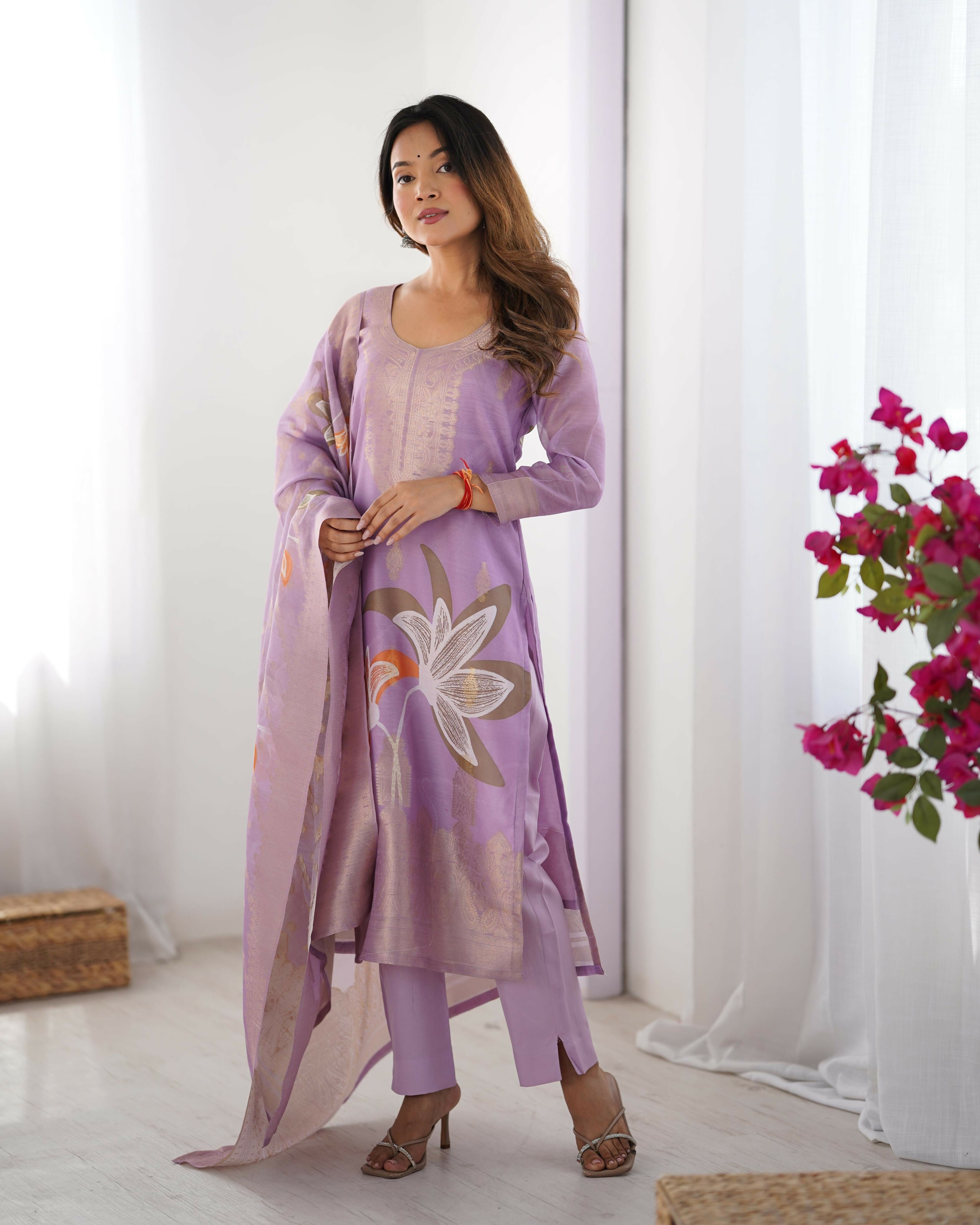 Joban Fashion Purple Kurta set with Pant Chanderi Thread with Sequins work