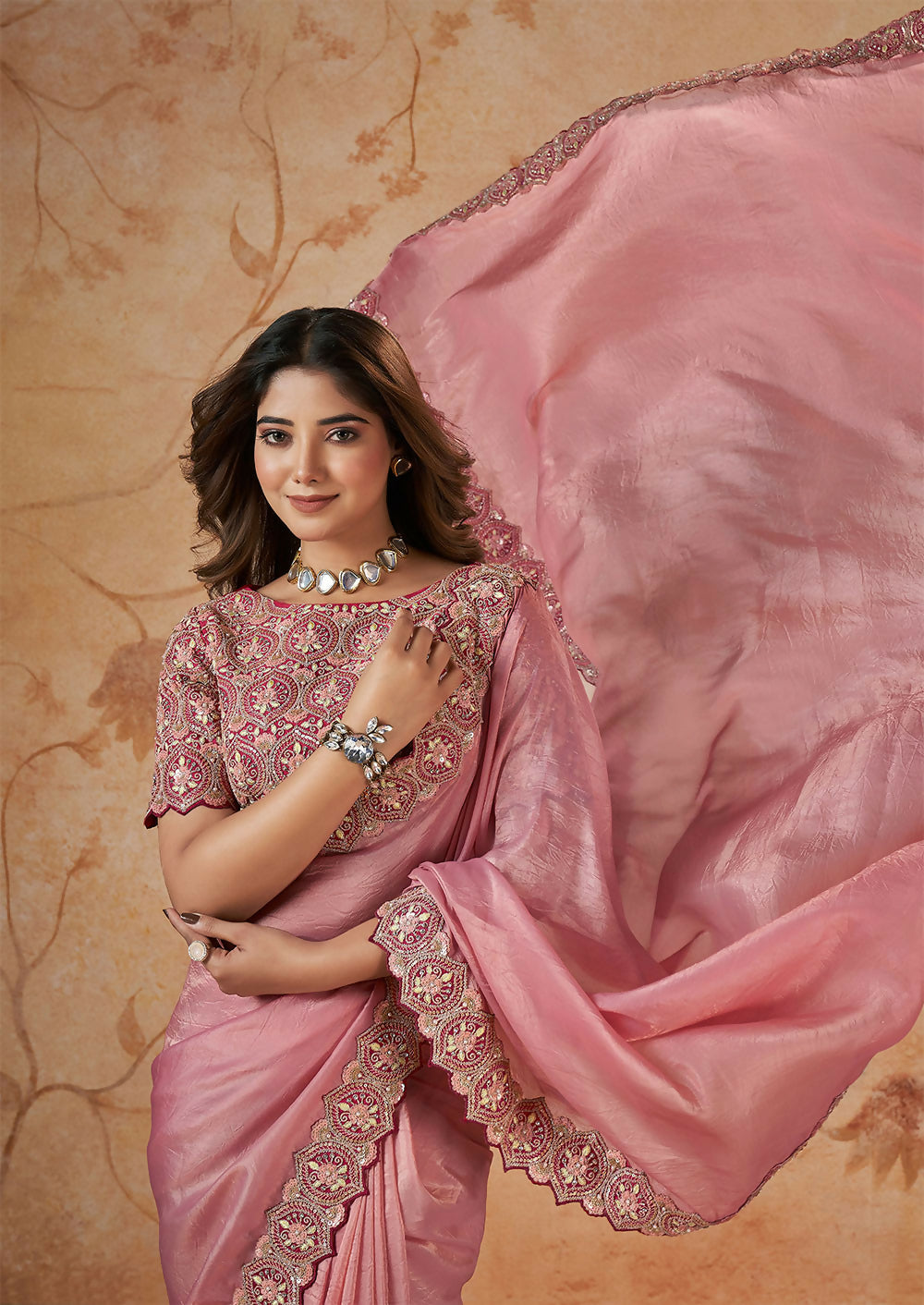 Pink Banarasi Crush Silk Thread, Sequence, Cord and jari Embroidered with Stone Work Saree - Mohmanthan Dakshika - Distacart