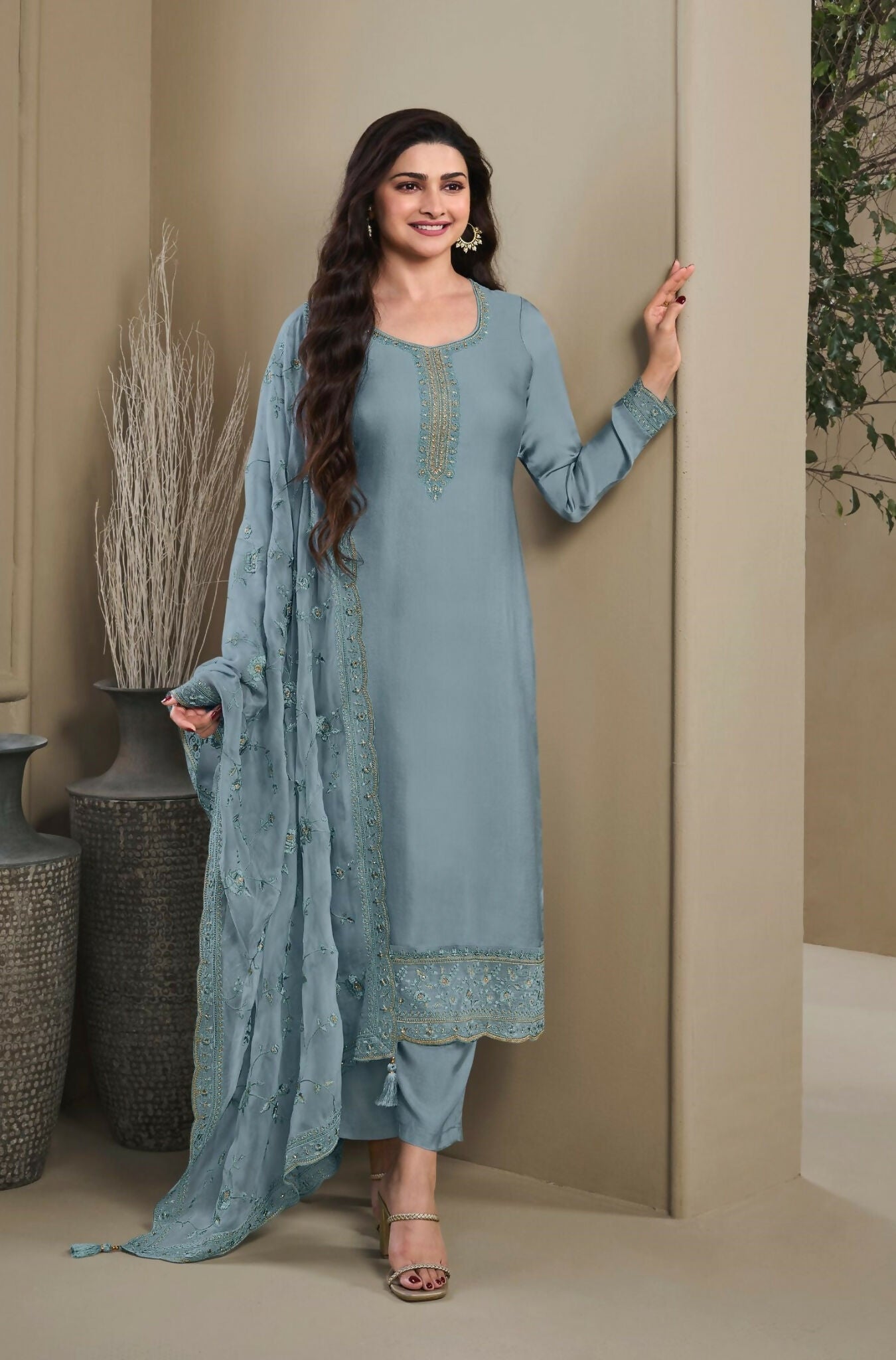 Anaita Blue Heavy Natural Crepe Stitched Suit with Embroidery & Zarkhan Work - Distacart